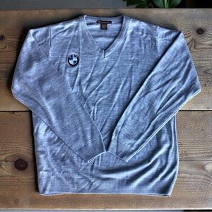 BMW Logo Sweater Mens XL Gray Acrylic Knit V Neck Pullover
